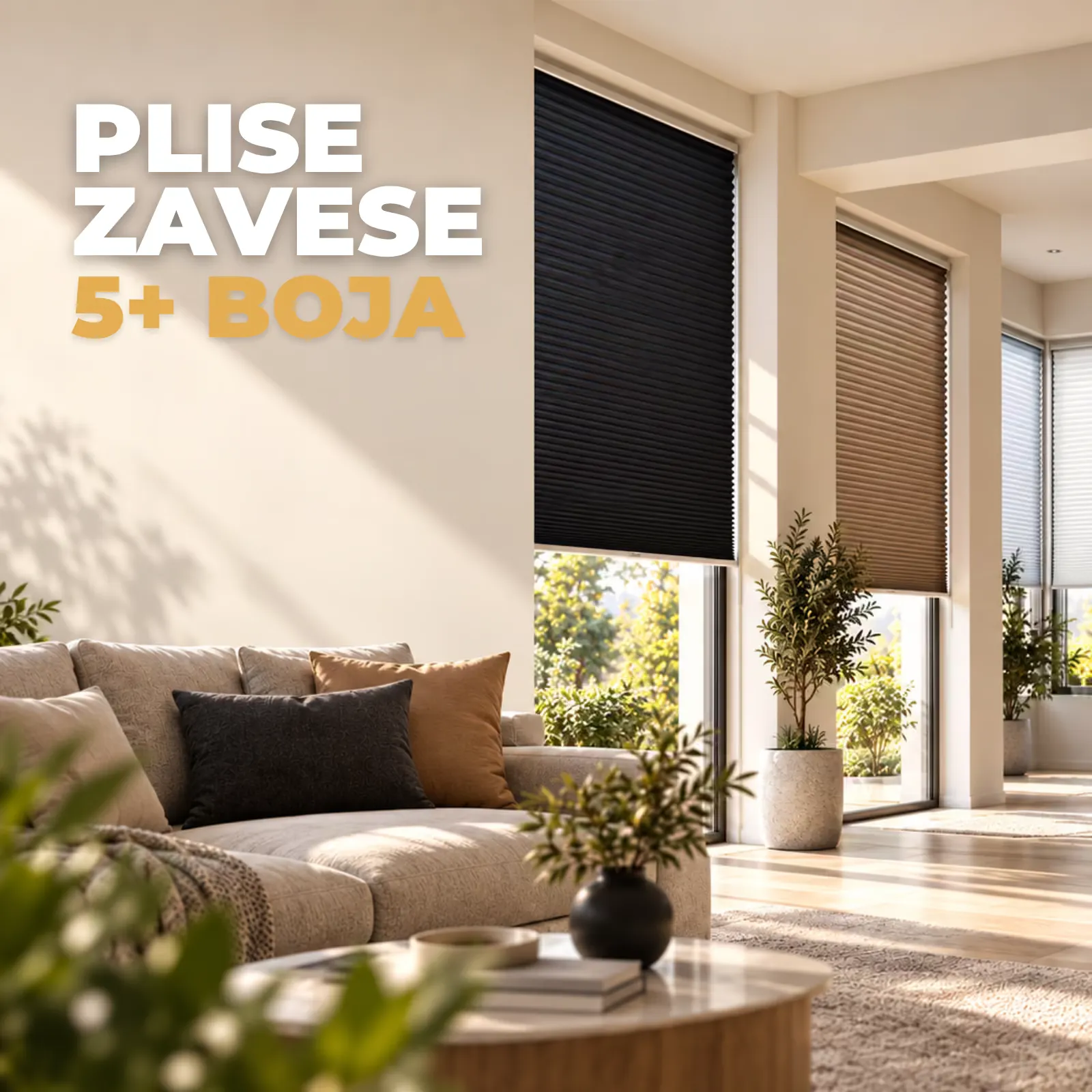 Plise zavese po meri u više od pet boja na prozorima dnevne sobe