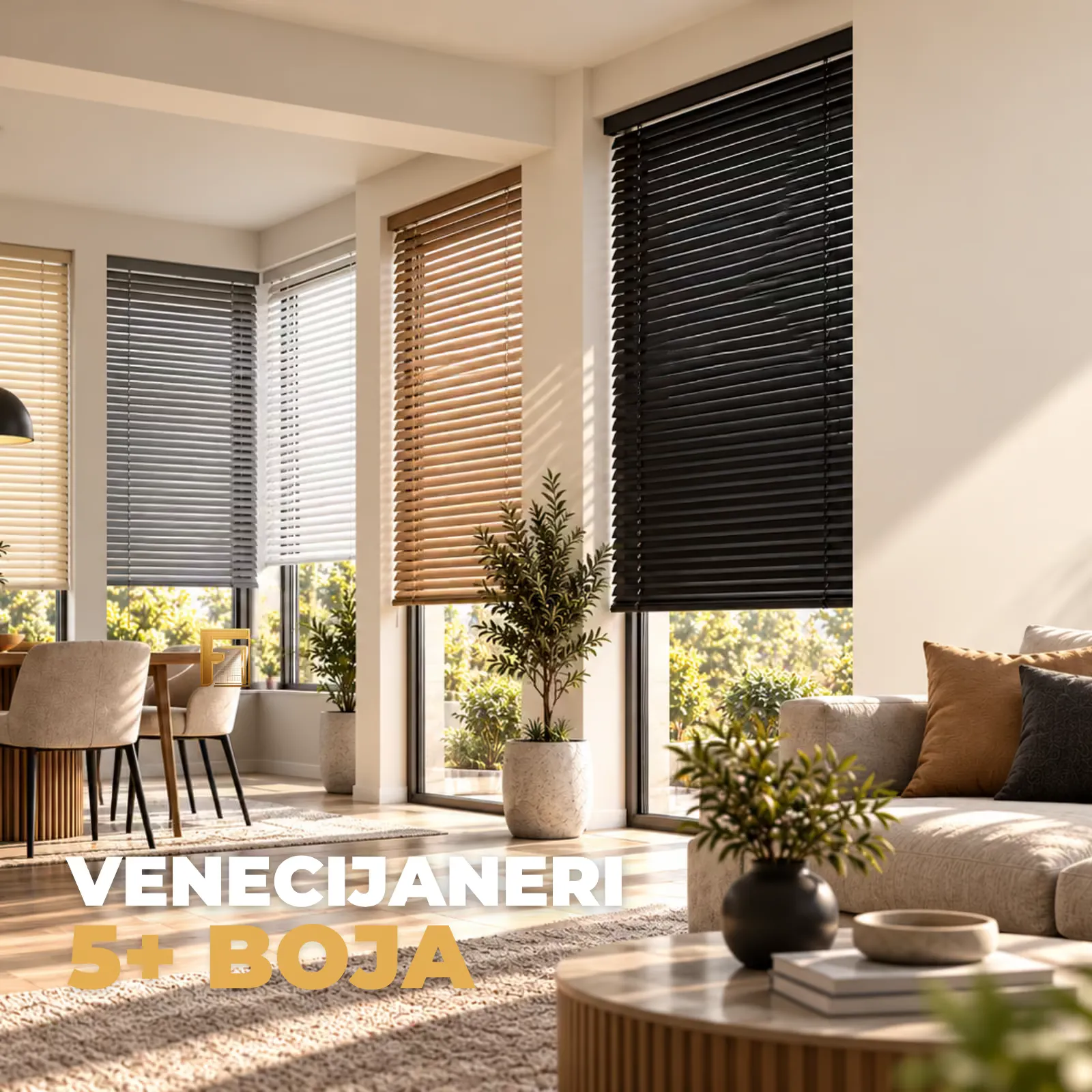 Venecijaneri po meri u više od pet boja na prozorima dnevne sobe i trpezarije